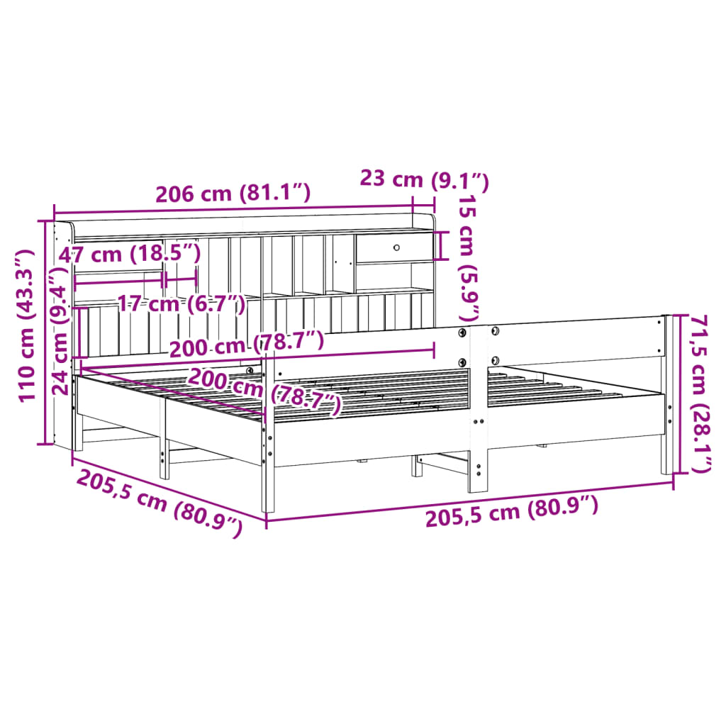 Letto Libreria senza Materasso Marrone Cera 200x200 cm in Pino - homemem39