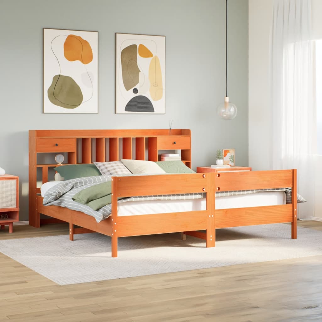 Letto Libreria senza Materasso Marrone Cera 200x200 cm in Pino - homemem39