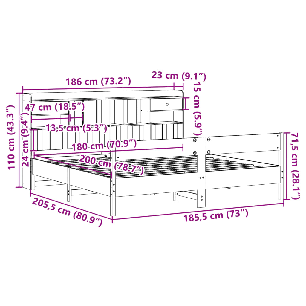 Letto Libreria senza Materasso 180x200 cm in Legno di Pino