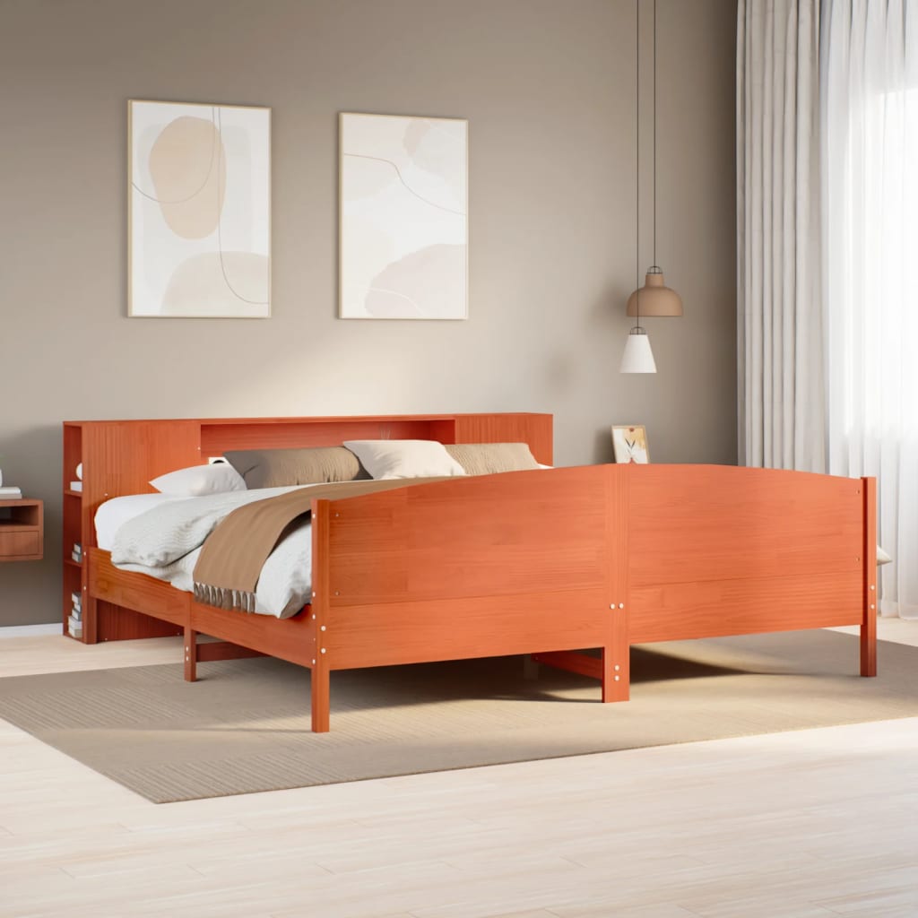 Letto Libreria senza Materasso Marrone Cera 200x200 cm in Pino