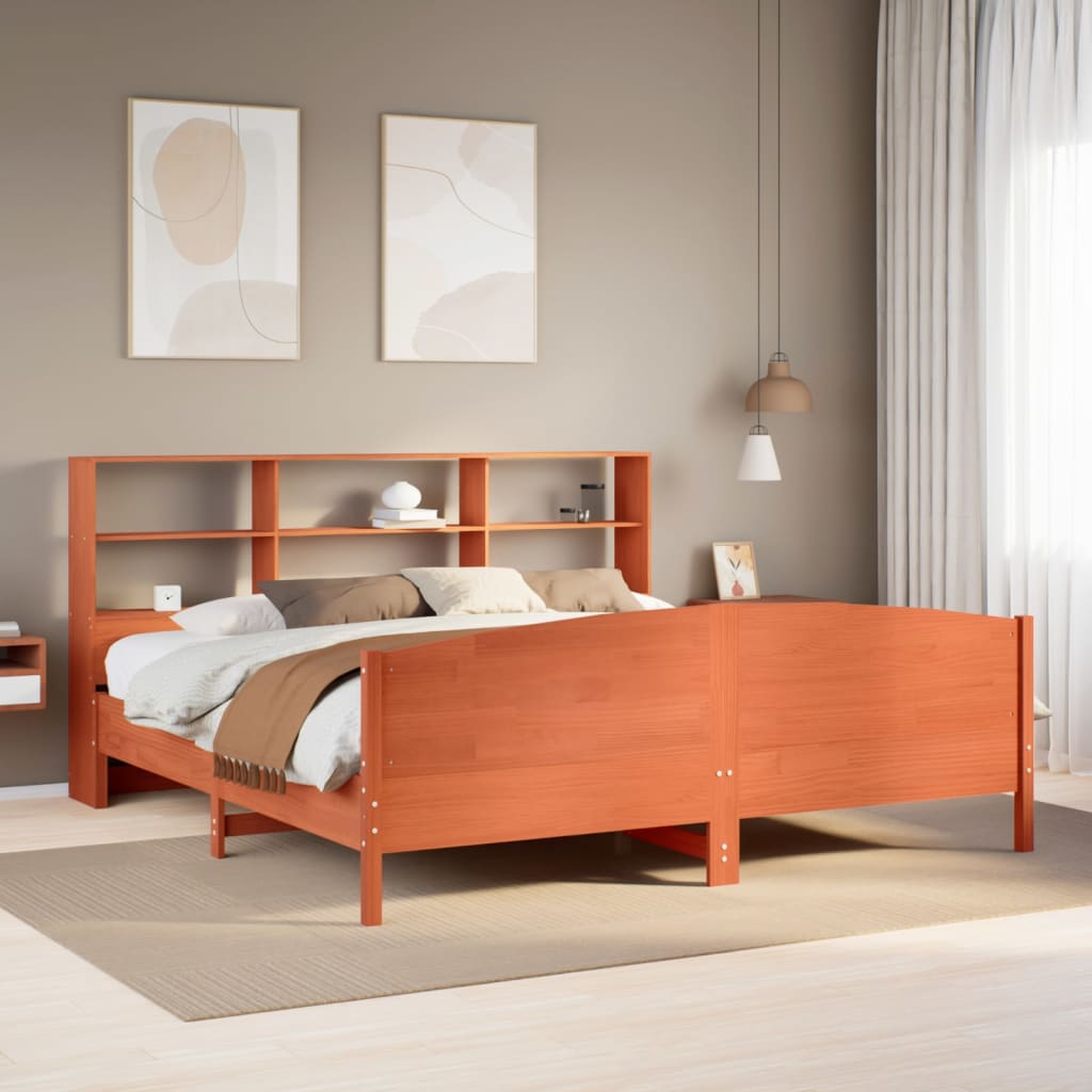 Letto Libreria senza Materasso Marrone Cera 200x200 cm in Pino