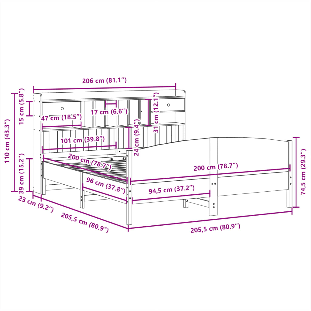 Letto Libreria senza Materasso Bianco 200x200 cm Legno di Pino