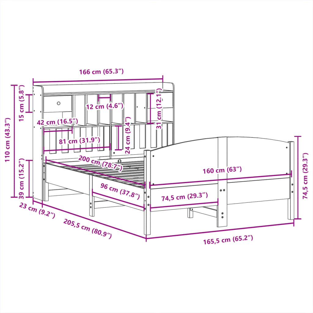 Letto Libreria senza Materasso 160x200 cm in Legno di Pino