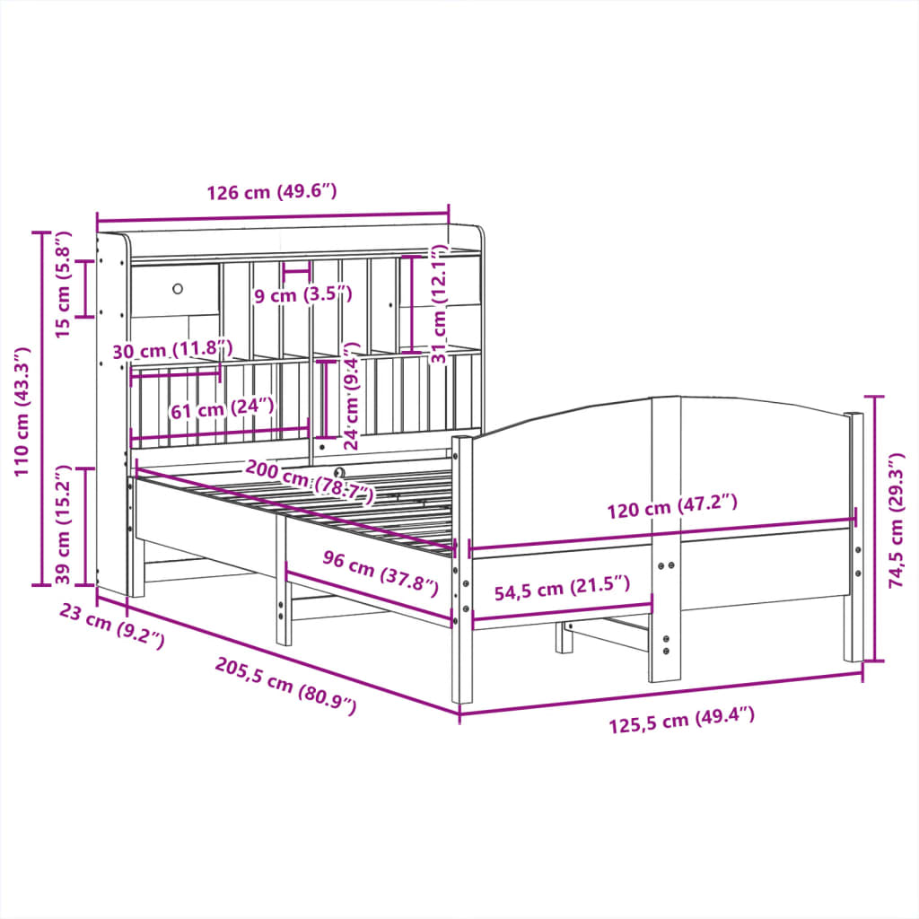 Letto Libreria senza Materasso 120x200cm Legno Massello di Pino