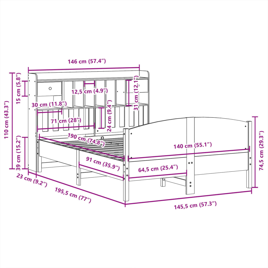 Letto Libreria senza Materasso 140x190 cm in Legno di Pino