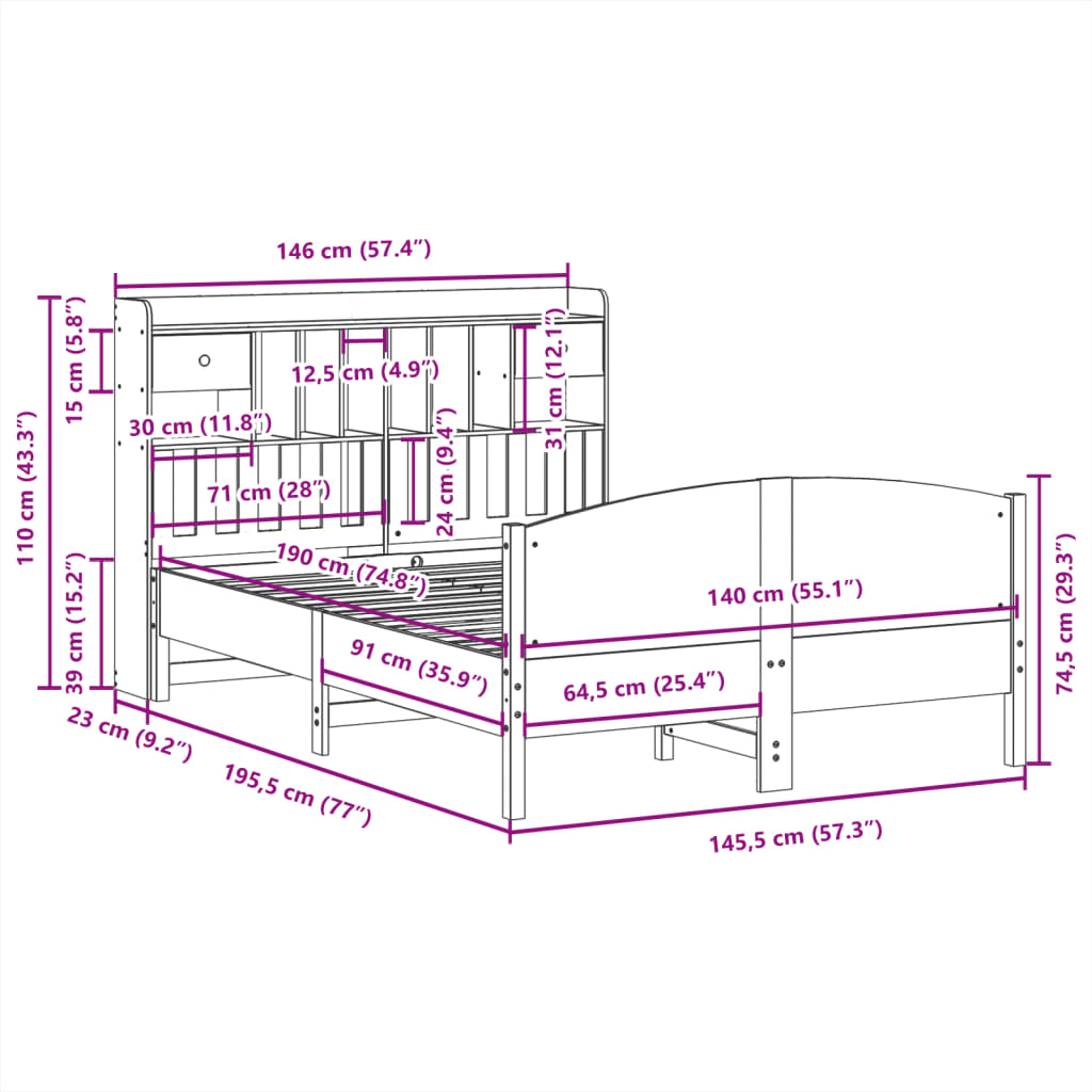 Letto Libreria senza Materasso Bianco 140x190 cm Legno di Pino