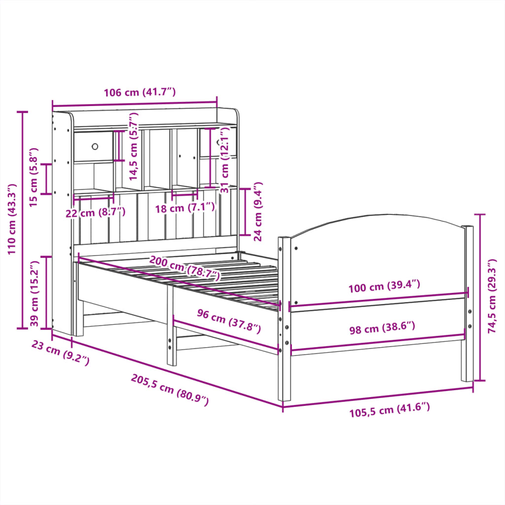 Letto Libreria senza Materasso 100x200 cm in Legno di Pino