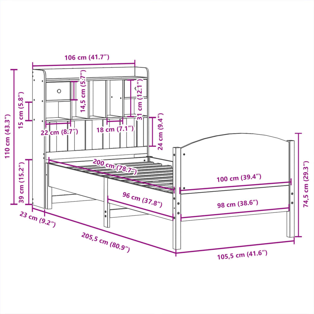 Letto Libreria senza Materasso Bianco 100x200 cm Legno di Pino