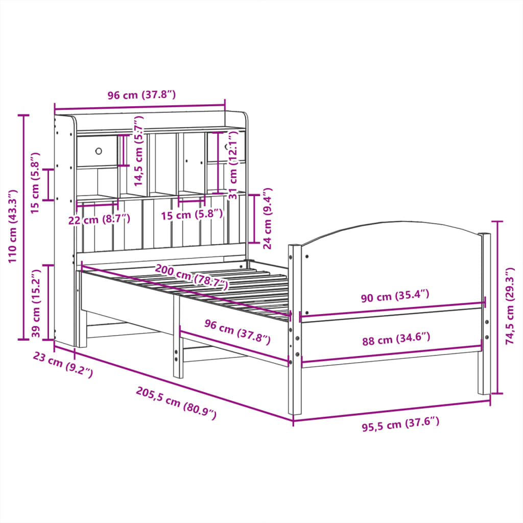 Letto Libreria senza Materasso 90x200 cm Legno Massello Pino