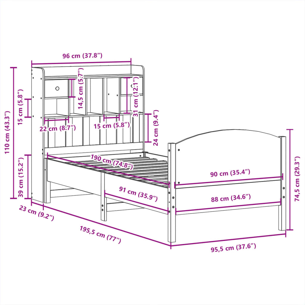 Letto Libreria senza Materasso Marrone Cera 90x190 cm in Pino