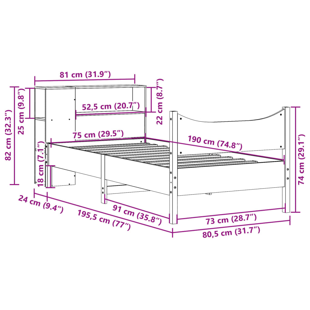 Letto senza Materasso Marrone Cera 75x190 cm in Legno di Pino