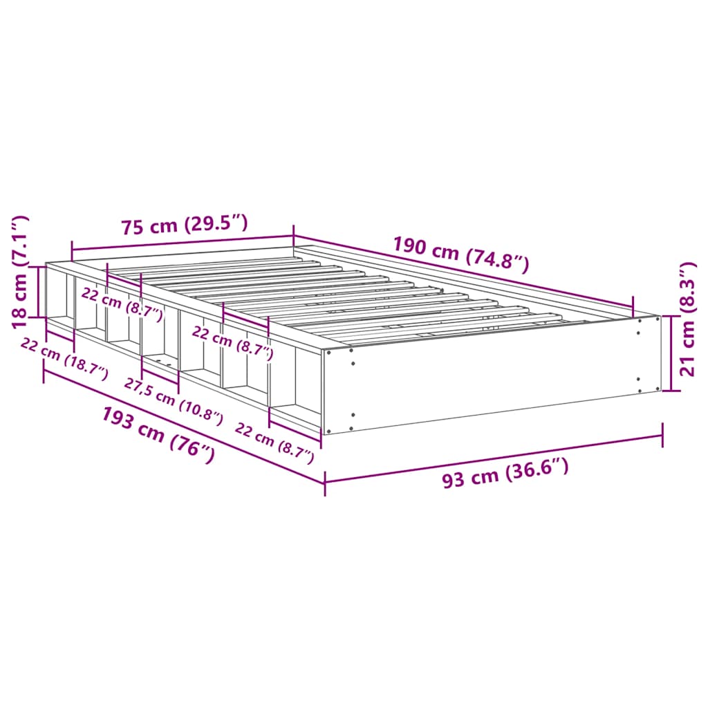 Struttura Letto Senza Materasso 75x190 cm in Legno di Rovere