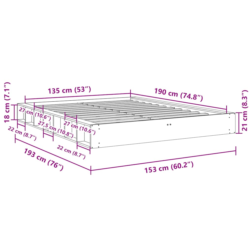 Struttura Letto Senza Materasso 135x190 cm in Legno di Rovere