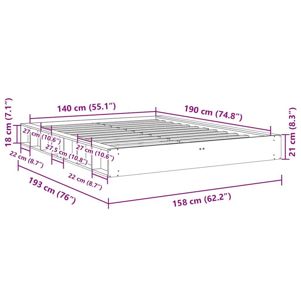 Struttura Letto Senza Materasso 140x190 cm in Legno di Rovere