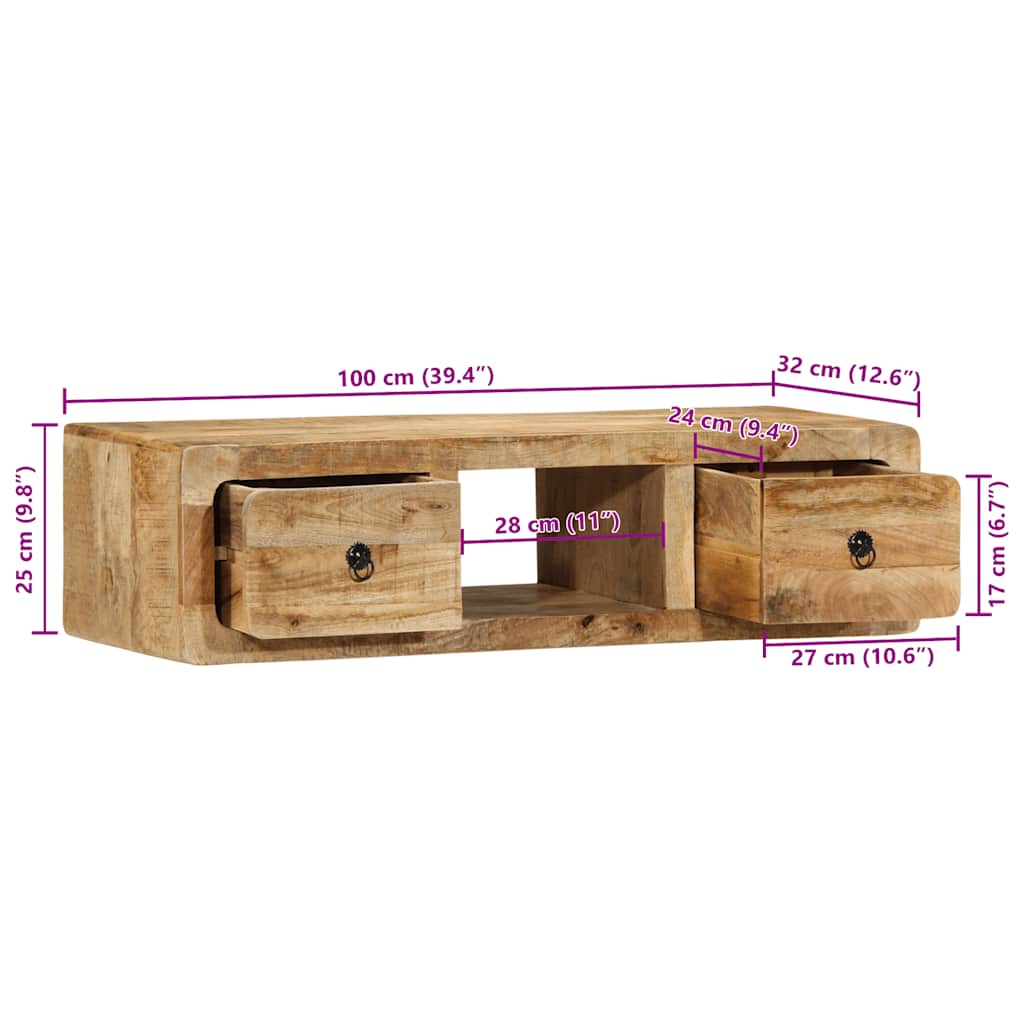 Mobile TV a Parete 100x32x25 cm Legno Grezzo Massello di Mango | homemem39