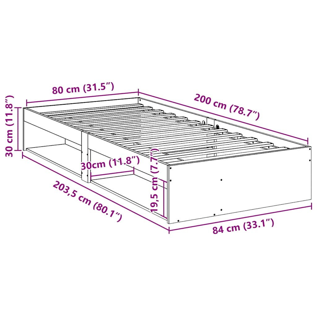 Dormeuse senza Materasso 80x200 cm in Legno Massello di Pino