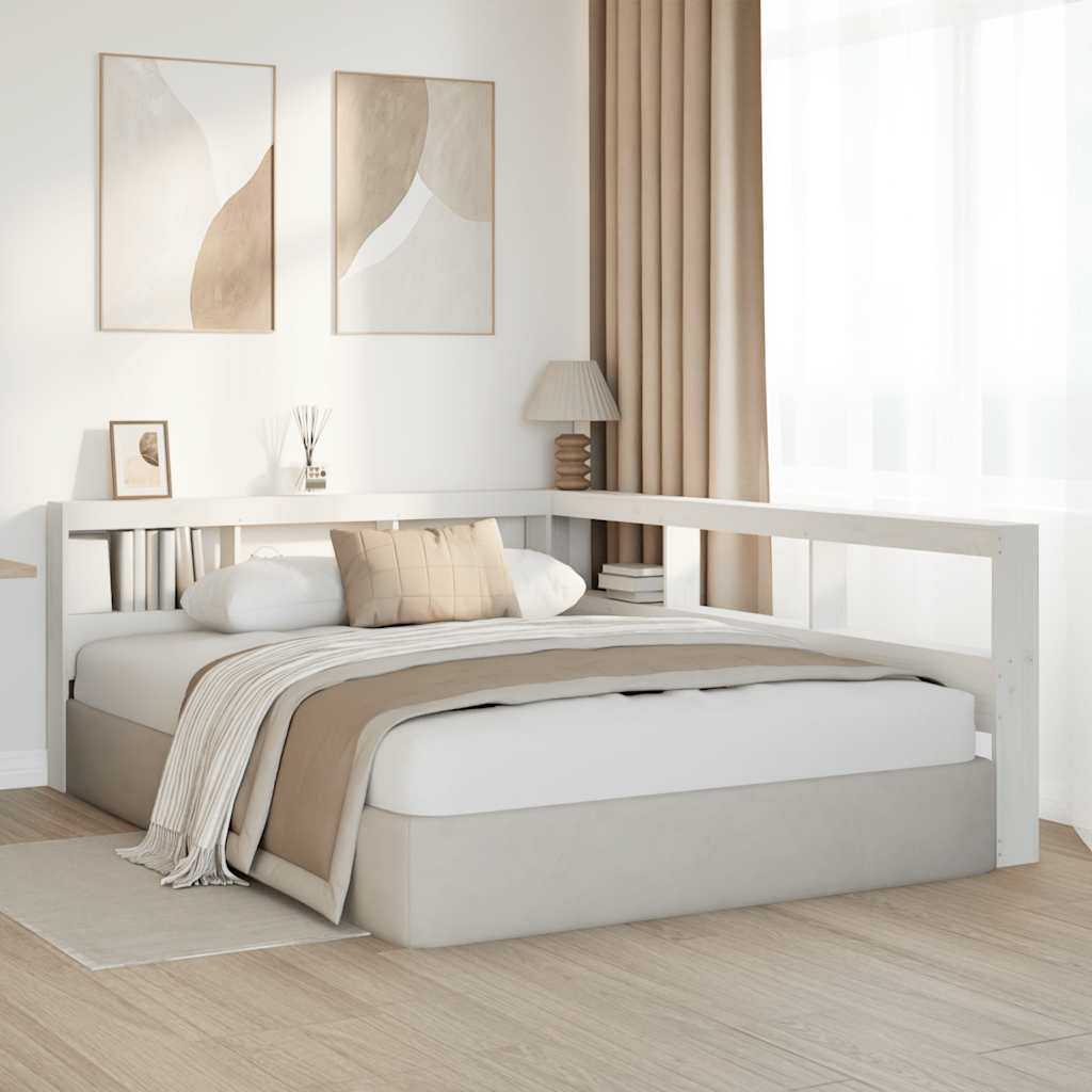 Testiera Libreria a L Bianca 140 cm in Legno Massello di Pino