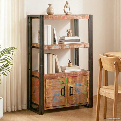 Libreria con Porte Marrone Legno Recuperato Massello e Metallo