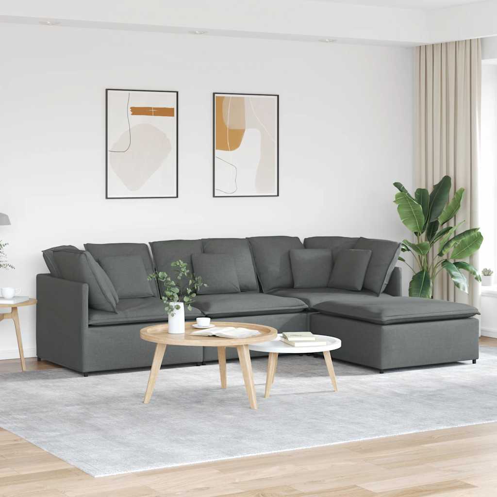 Divano Modulare con Poggiapiedi e Cuscini Tessuto Grigio Scuro | homemem39