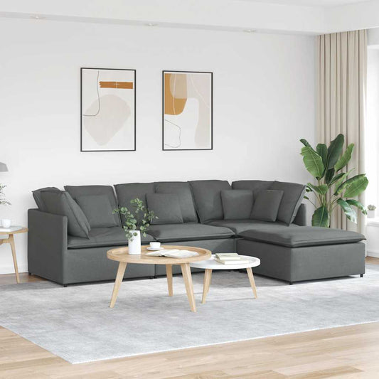 Divano Modulare con Poggiapiedi e Cuscini Tessuto Grigio Scuro | homemem39