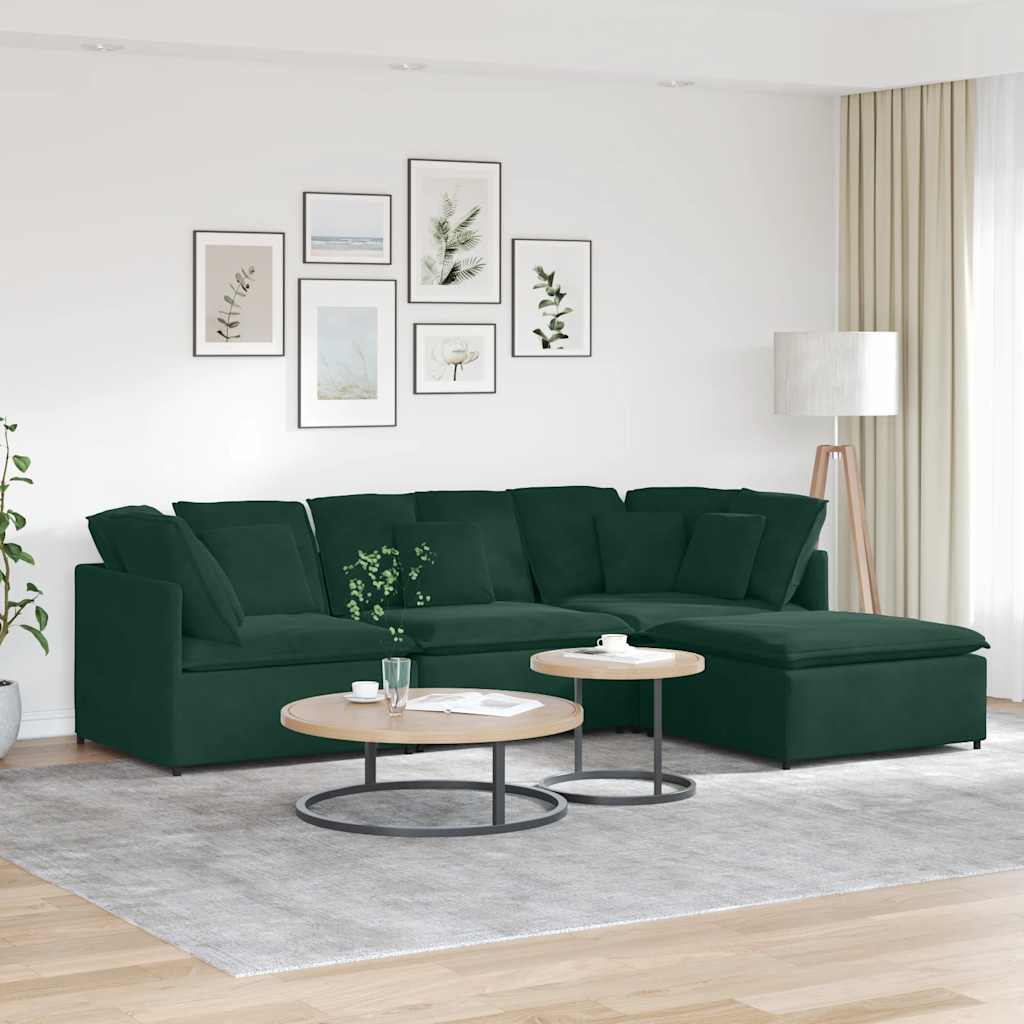 Divano Modulare con Poggiapiedi e Cuscini Velluto Verde Scuro | homemem39