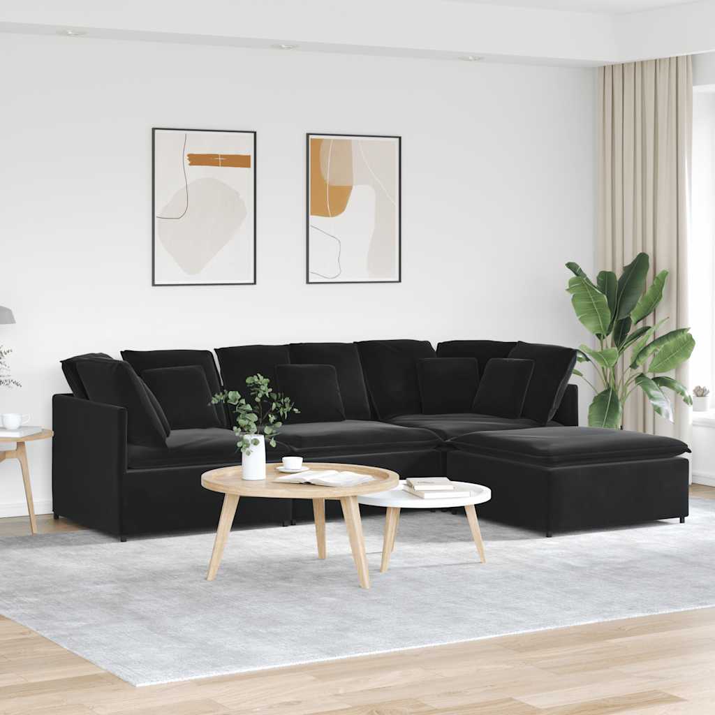 Divano Modulare con Poggiapiedi e Cuscini in Velluto Nero | homemem39
