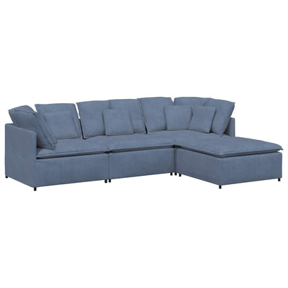 Divano Modulare con Poggiapiedi e Cuscini Tessuto a Coste Blu - homemem39