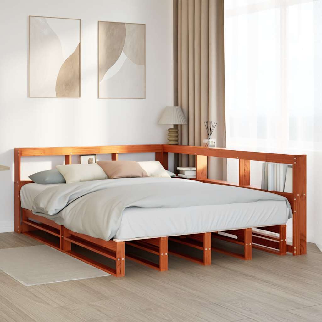 Letto Libreria senza Materasso Marrone Cera 160x200 cm in Pino