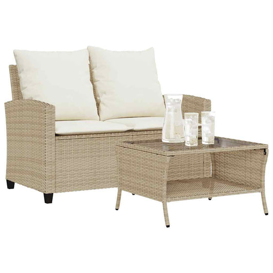 Divano Giardino 2 Posti con Cuscini e Tavolo Beige Polyrattan - homemem39