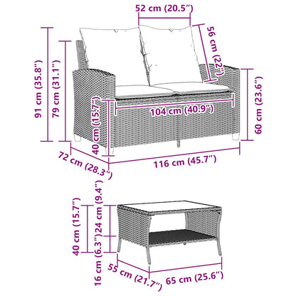 Divano da Giardino a 2 Posti Cuscini&Tavolo Grigio Polyrattan | homemem39