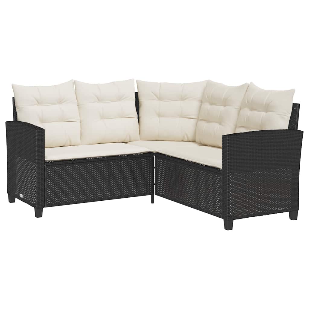 Divano da Giardino con Tavolo e Cuscini a L Nero in Polyrattan