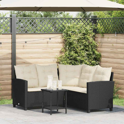 Divano da Giardino con Tavolo e Cuscini a L Nero in Polyrattan