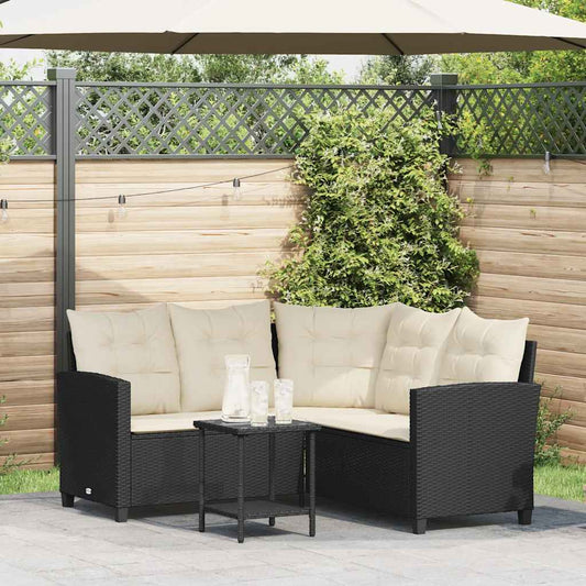 Divano da Giardino con Tavolo e Cuscini a L Nero in Polyrattan