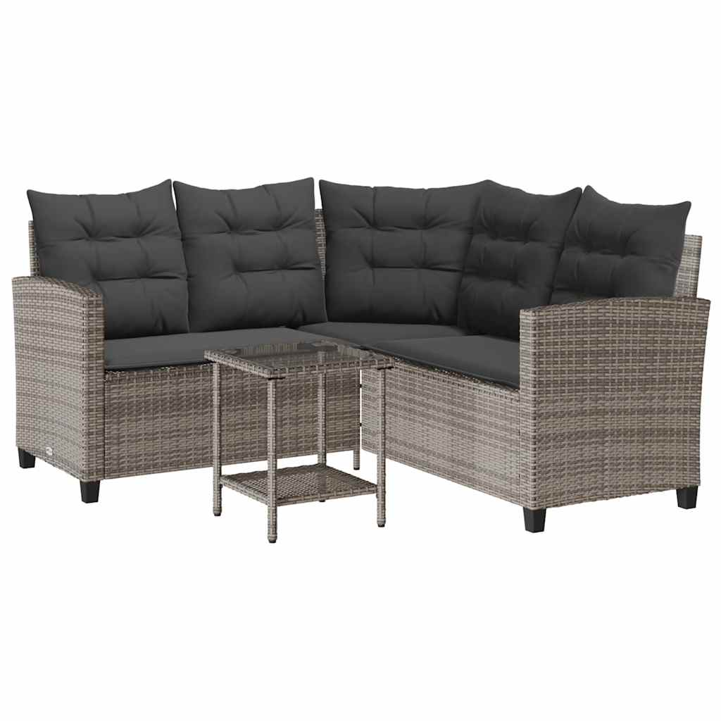 Divano da Giardino con Tavolo e Cuscini a L Grigio Polyrattan