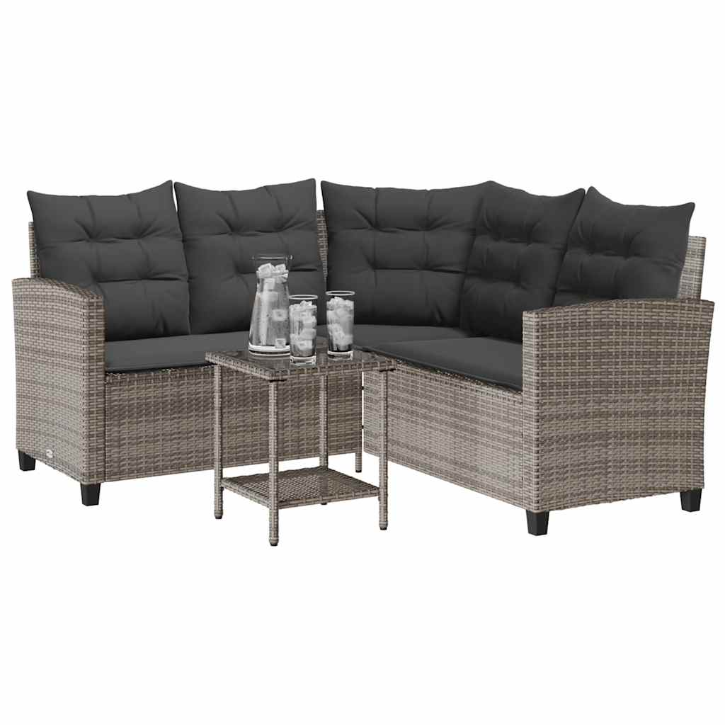 Divano da Giardino con Tavolo e Cuscini a L Grigio Polyrattan