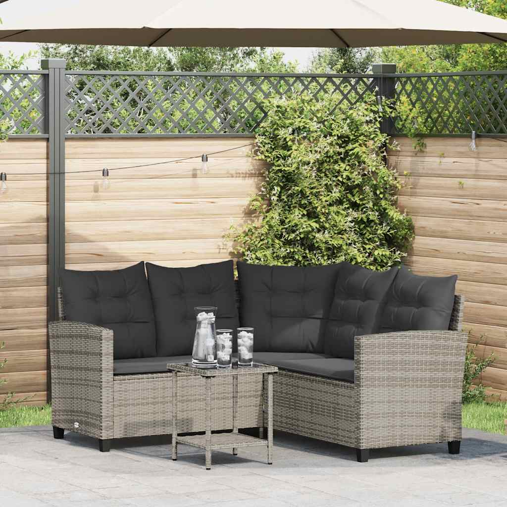 Divano da Giardino con Tavolo e Cuscini a L Grigio Polyrattan | homemem39