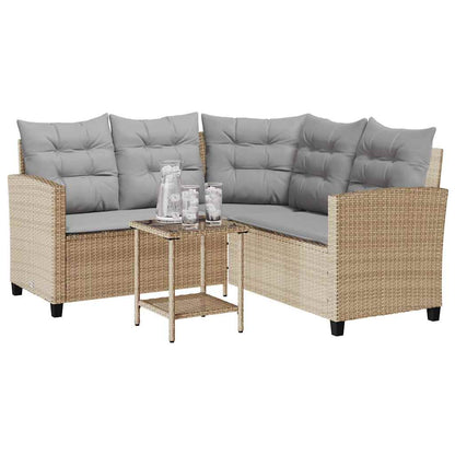 Divano da Giardino con Tavolo e Cuscini a L Beige in Polyrattan