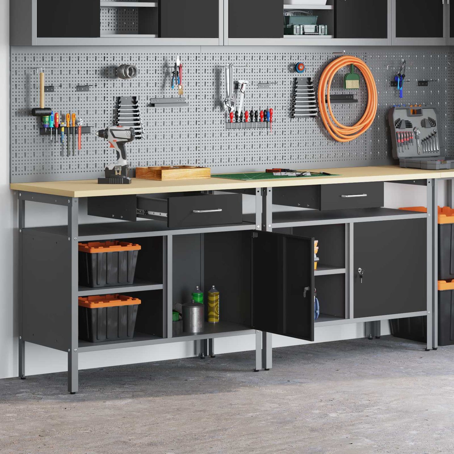 Set banco da lavoro 2 pcs Nero e Grigio 200 x 55 x 85 cm