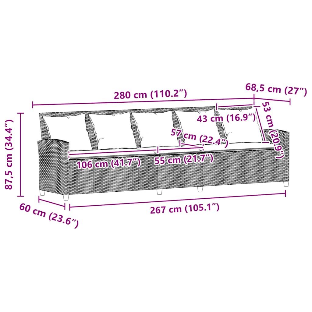 Divano da Giardino a 5 Posti con Cuscini in Polyrattan Marrone | homemem39