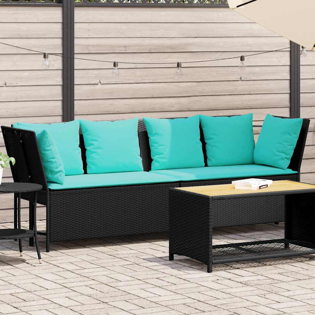 Divano da Giardino con Cuscini in Polyrattan Nero