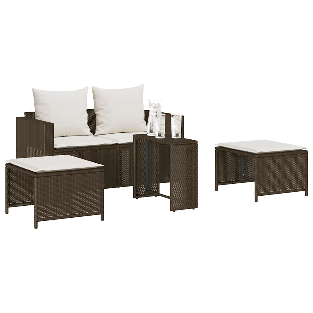Set Divano da Giardino 5 pz con Cuscini Marrone in Polyrattan