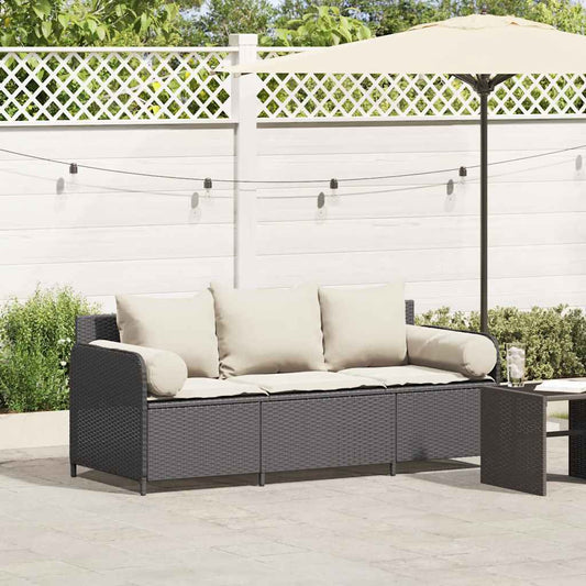 Divano da Giardino a 3 Posti con Cuscini Nero in Polyrattan | homemem39