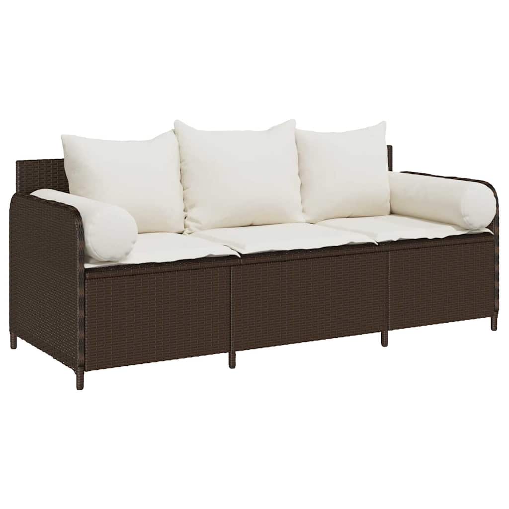 Divano da Giardino a 3 Posti con Cuscini in Polyrattan Marrone
