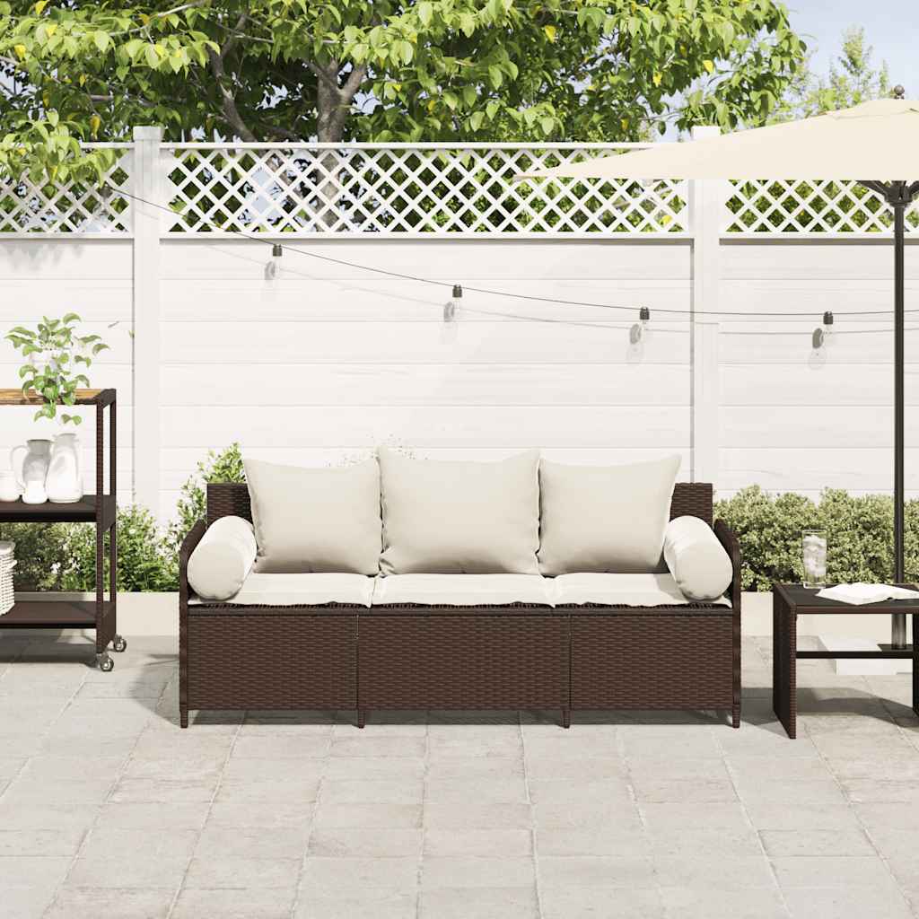 Divano da Giardino a 3 Posti con Cuscini in Polyrattan Marrone