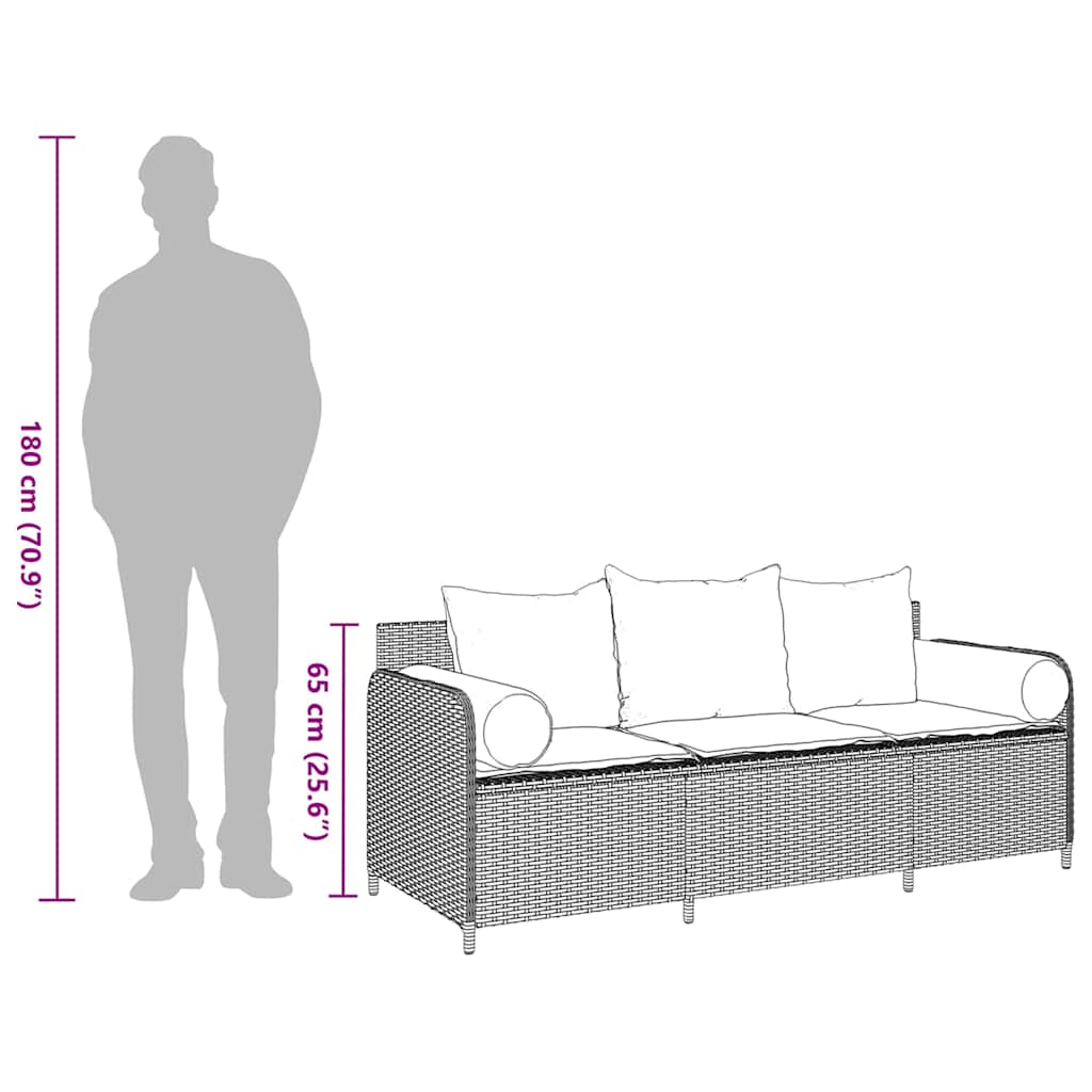 Divano da Giardino a 3 Posti con Cuscini in Polyrattan Marrone | homemem39