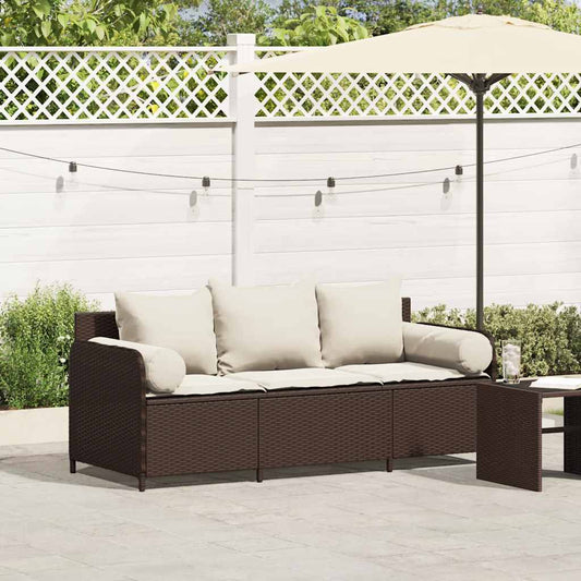 Divano da Giardino a 3 Posti con Cuscini in Polyrattan Marrone