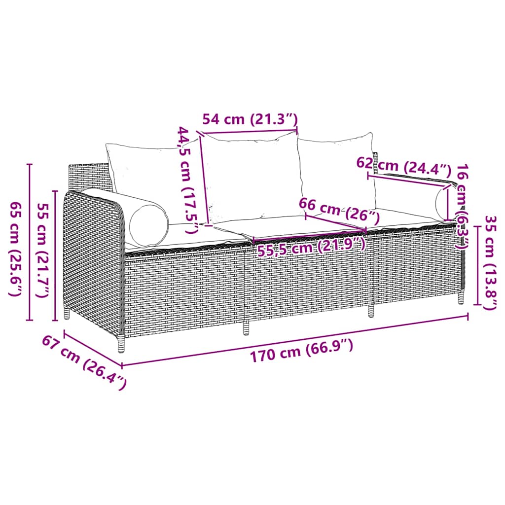 Divano da Giardino con Cuscini 3 Posti Grigio Chiaro Polyrattan | homemem39