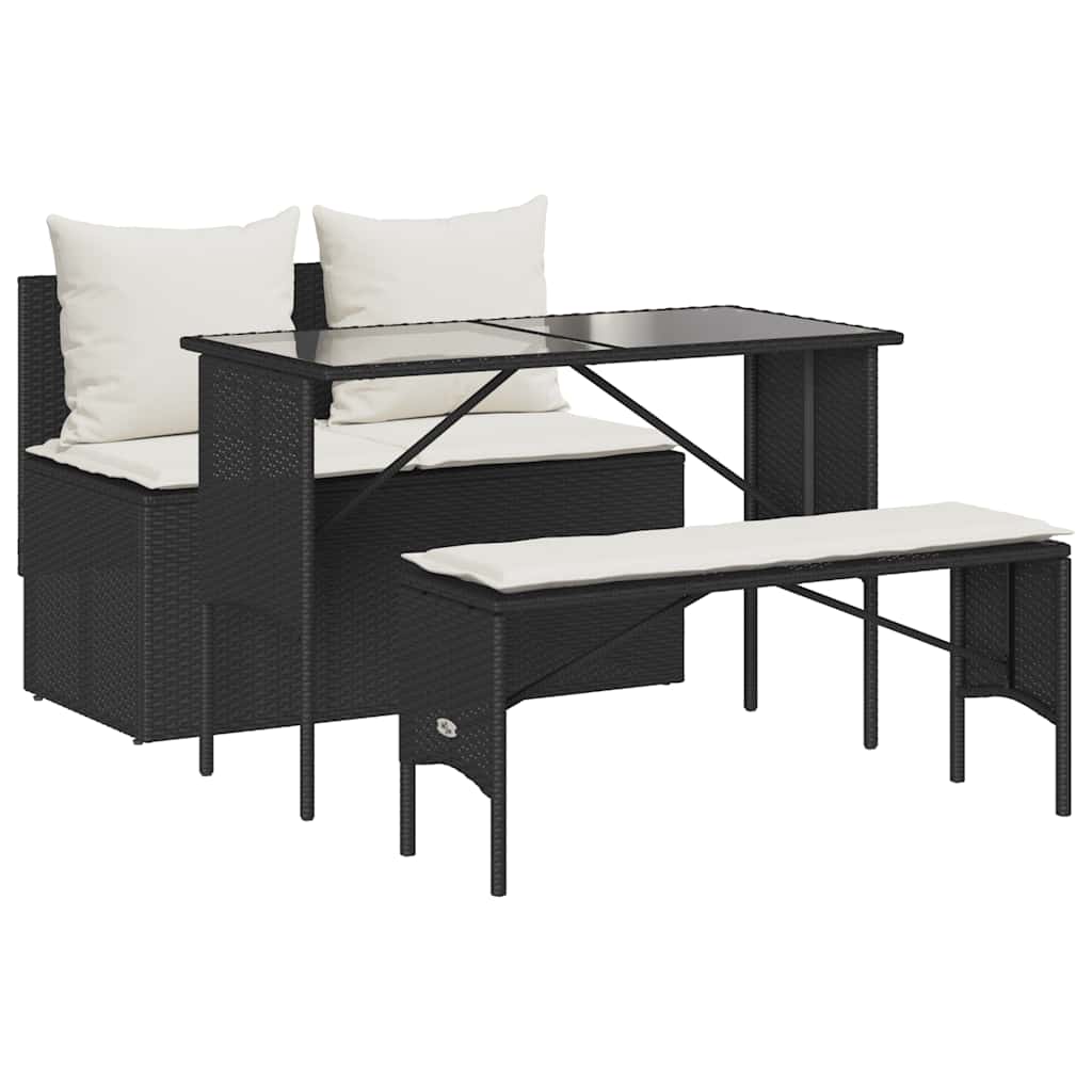 Set da Pranzo da Giardino 3 pz con Cuscini Nero in Polyrattan | homemem39