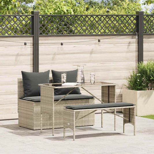 Set Pranzo da Giardino 3pz con Cuscini Grigio Chiaro Polyrattan