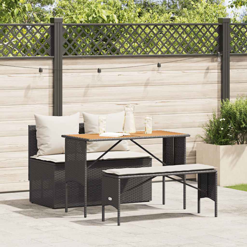 Set da Pranzo da Giardino 3 pz con Cuscini Nero in Polyrattan - homemem39